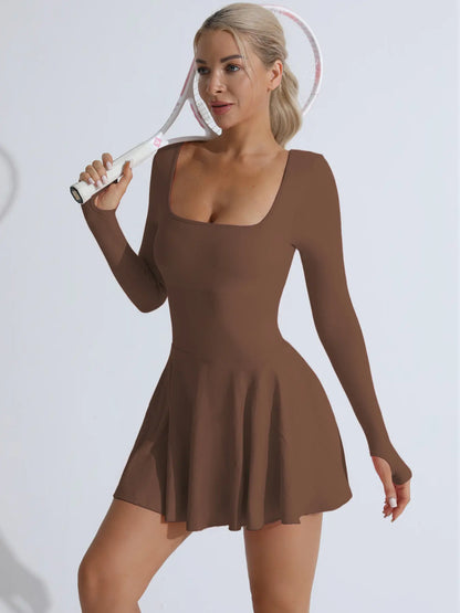 Betto Women'S Solid Criss Cross Backless Sports Dress, Sporty Scoop Neck Long Sleeve Tennis Dress, Ladies Sporswear for Indoor Outdoor Wear