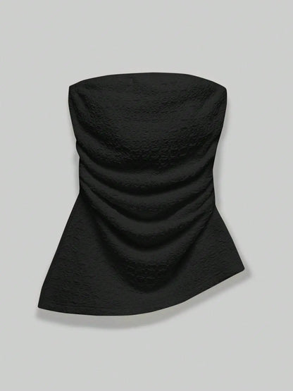 Women'S Slim Textured Ruched Asymmetrical Hem Tube Top, Casual Solid Strapless Top for Summer, Ladies Clothes for Daily Wear