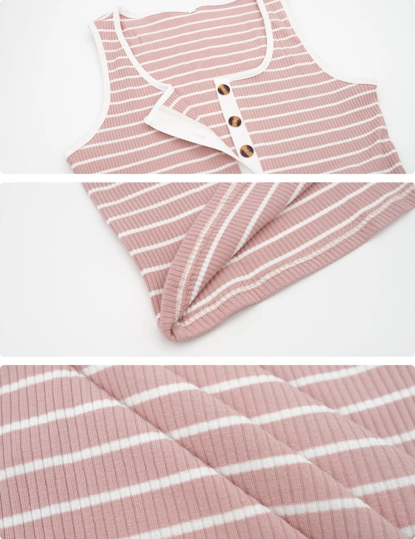 YORA Women'S Square Neck Sleeveless Striped Henley Button Tunic Dress - Classy, Fitted, Basic Casual Bodycon Mini with Pockets for Summer, Pink, Classy Casual Dresses, Fitted Casual Dresses