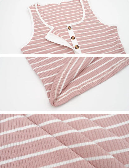 YORA Women'S Square Neck Sleeveless Striped Henley Button Tunic Dress - Classy, Fitted, Basic Casual Bodycon Mini with Pockets for Summer, Pink, Classy Casual Dresses, Fitted Casual Dresses
