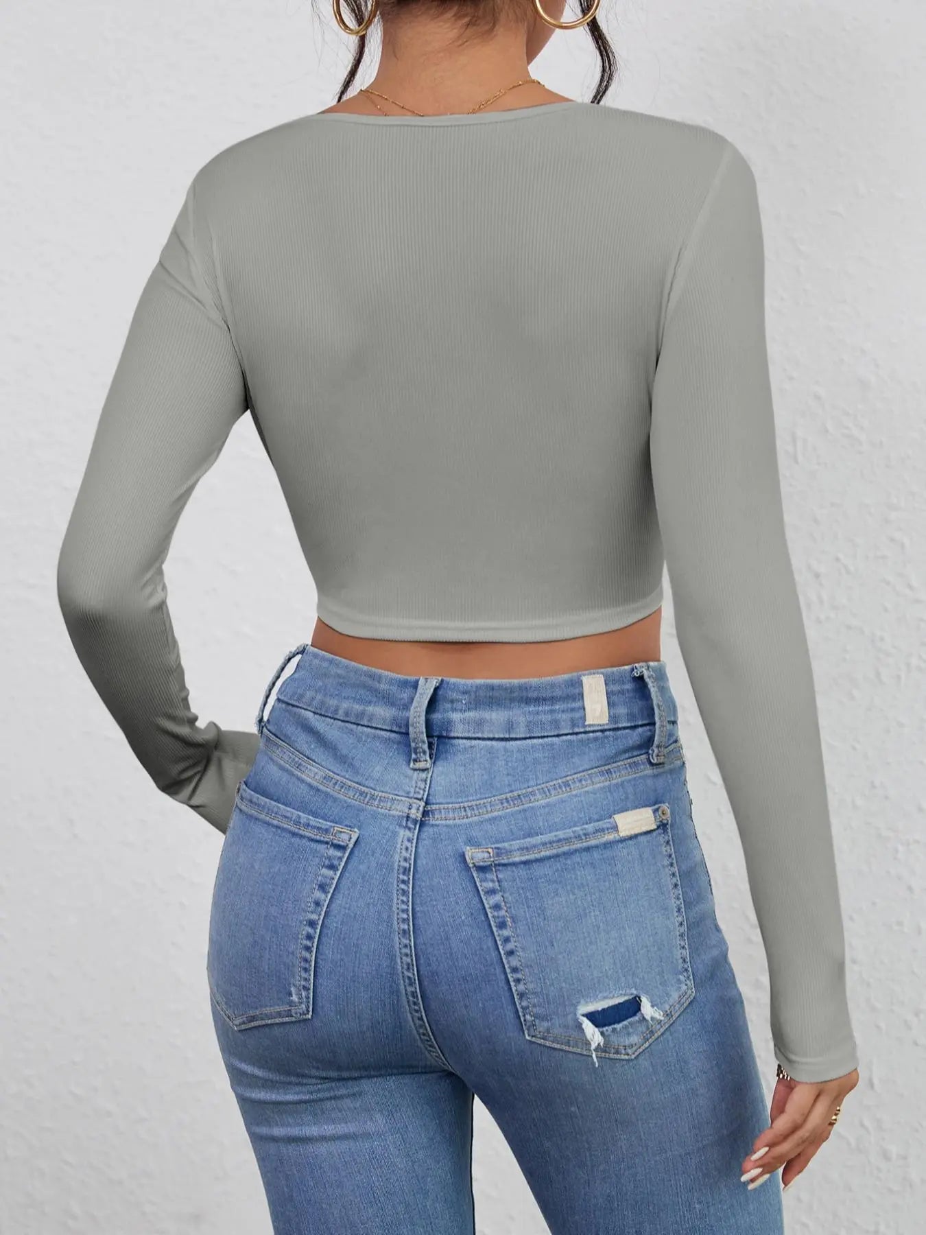 Women'S Solid Square Neck Crop Tee without Necklace, Casual Long Sleeve Cropped Top for Spring & Fall, Women'S Top for Daily Wear