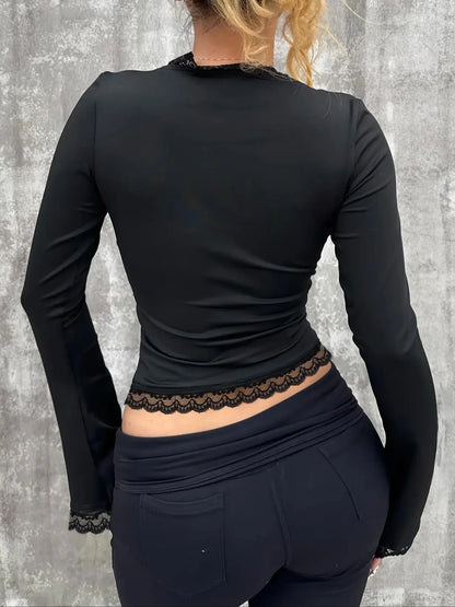 Women'S Y2K Lace Trim Long Sleeve Square Neck Slim Fit Feminine Basic Party T-Shirt, Summer Casual Outdoor Short Top, Casual Classy Top, Street Style, Casual Chic Fitted, Casual Fashion Shirt, Womenswear