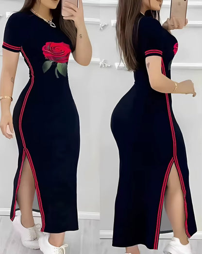 Womens Dresses 2023 Summer Fashion Striped High Slit Casual O-Neck Short Sleeve Daily Skinny Maxi a Line Dress Woman Clothing