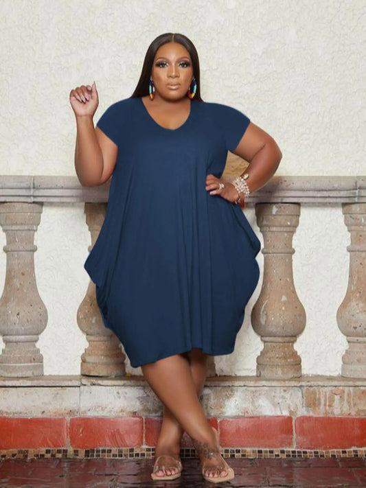 【Plus Size】 Plain Pocket Dress, Casual Short Sleeve round Neck Dress for Summer, Women'S plus Clothing for Daily Wear