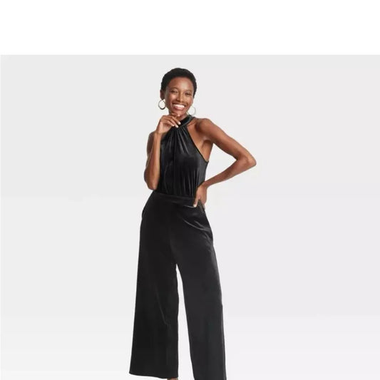A New Day Velvet Jumpsuit - Elegant Halter Neck Design & Wide Leg Pants for Women