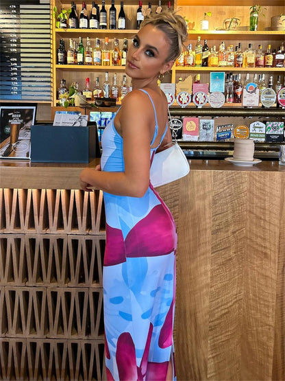Spaghetti Strap Lily Floral Slip Dress Summer Casual Printed Maxi Dresses Backless Bodycon Slim Boho Long Sundress 2023