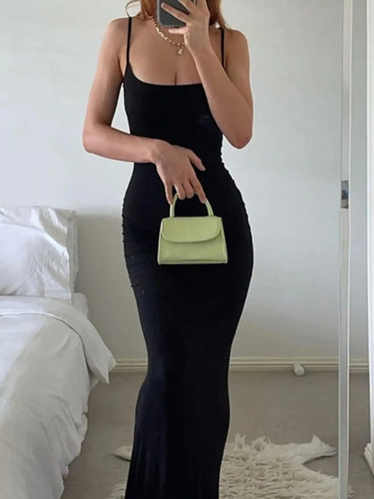 Women'S Plain Backless Bodycon Dress, Solid Spaghetti Strap Long Dress for Daily Outdoor Wear, Women'S Clothing for Summer