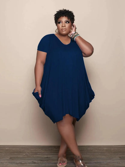 【Plus Size】 Plain Pocket Dress, Casual Short Sleeve round Neck Dress for Summer, Women'S plus Clothing for Daily Wear