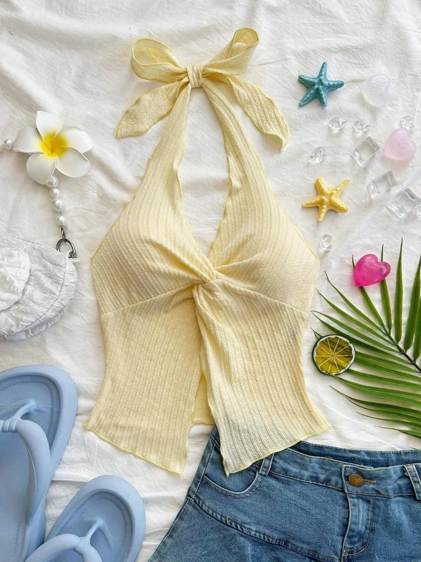 Women'S Solid Color Twist Front Tie Neck Top, Slim Casual Sleeveless Crop Top for Summer, Ladies Clothes for Beach Holiday Vacation, Womenswear