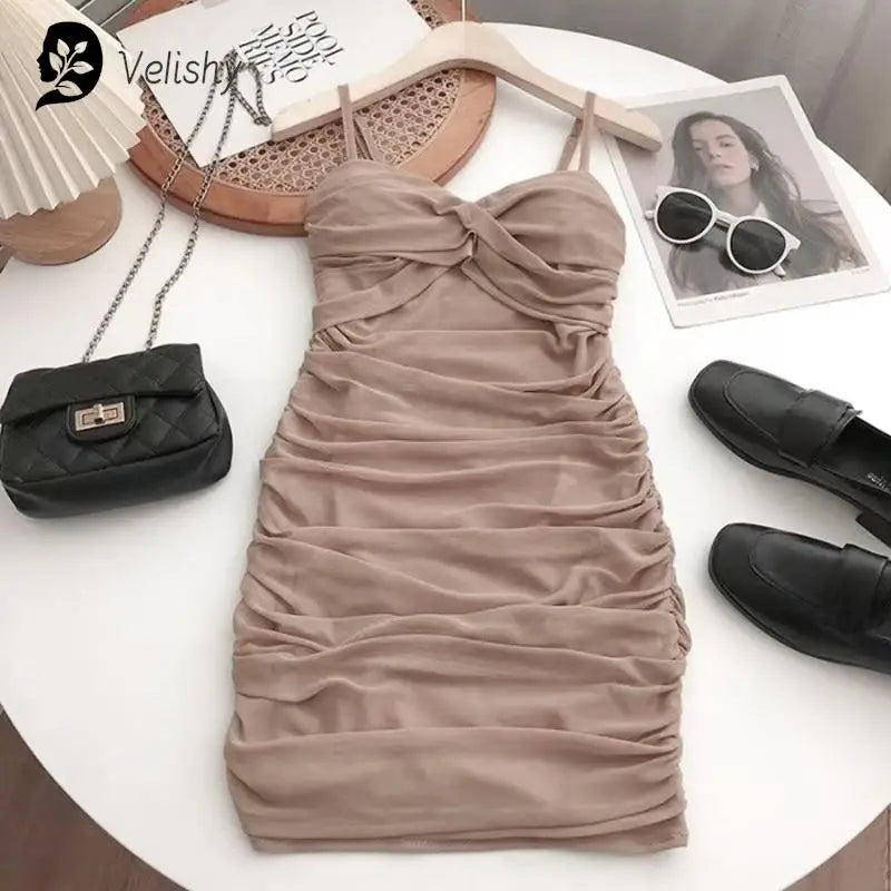 Dresses Women Sexy Club Shirring Design Summer Leisure Lady Mini Straps Dress