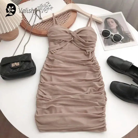 Dresses Women Sexy Club Shirring Design Summer Leisure Lady Mini Straps Dress