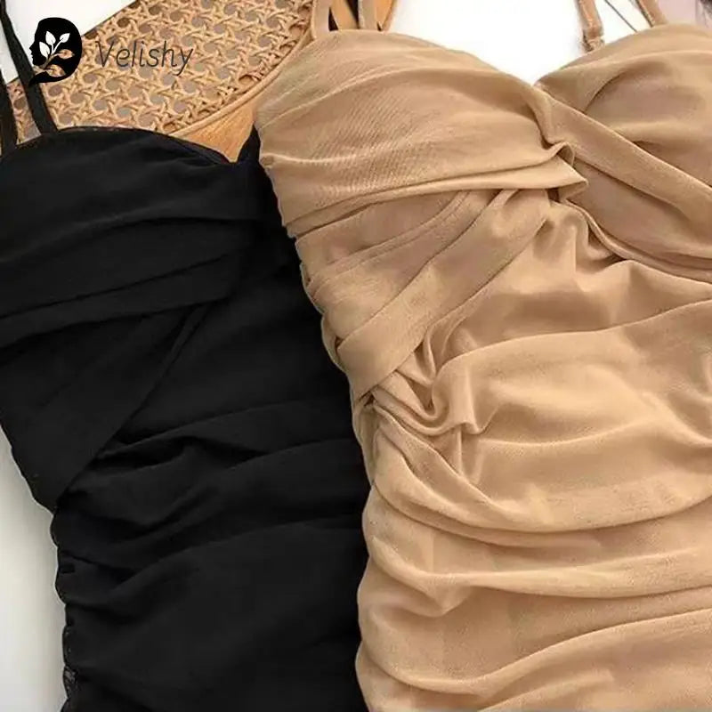 Dresses Women Sexy Club Shirring Design Summer Leisure Lady Mini Straps Dress