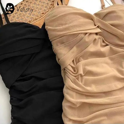Dresses Women Sexy Club Shirring Design Summer Leisure Lady Mini Straps Dress