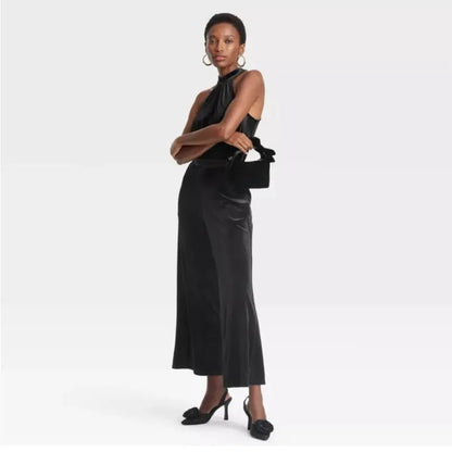 A New Day Velvet Jumpsuit - Elegant Halter Neck Design & Wide Leg Pants for Women
