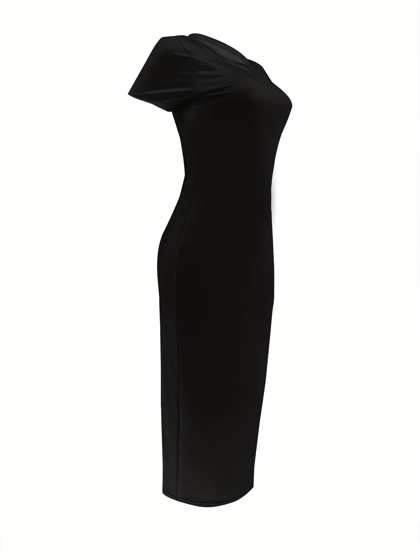 Women'S Summer Casual Fashion Slim Fit Sexy Solid Color round Neck Short Sleeved Long Dress Black plus Size XS-5XL