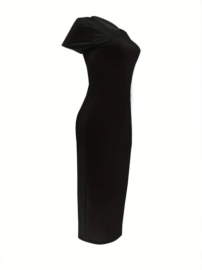 Women'S Summer Casual Fashion Slim Fit Sexy Solid Color round Neck Short Sleeved Long Dress Black plus Size XS-5XL