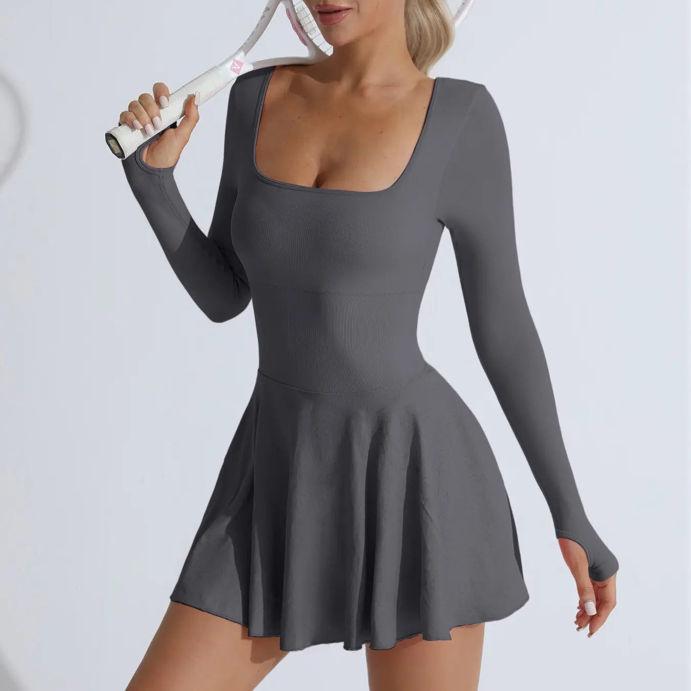 Betto Women'S Solid Criss Cross Backless Sports Dress, Sporty Scoop Neck Long Sleeve Tennis Dress, Ladies Sporswear for Indoor Outdoor Wear