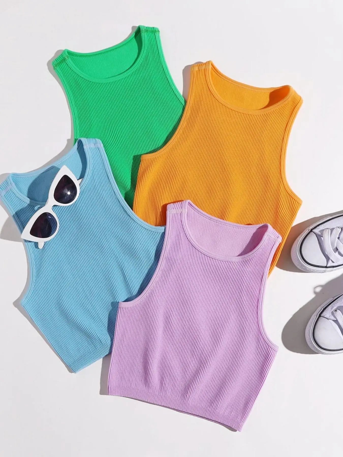 Women'S Solid Ribbed Crop Sports Tank Top, Casual Sleeveless round Neck Top for Summer, Ladies Sportswear for Indoor Outdoor Wear, Womenswear, Muscle Tank Top, Athletic Tank Top, Active Tank Top, Cropped Top