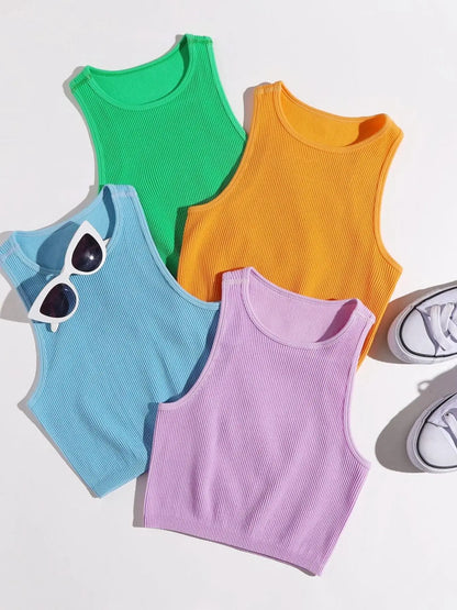 Women'S Solid Ribbed Crop Sports Tank Top, Casual Sleeveless round Neck Top for Summer, Ladies Sportswear for Indoor Outdoor Wear, Womenswear, Muscle Tank Top, Athletic Tank Top, Active Tank Top, Cropped Top