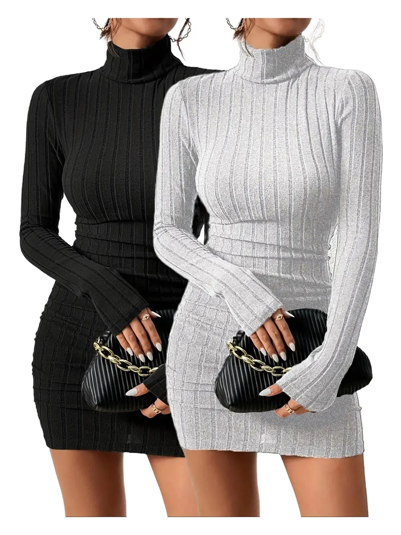 Women'S Thin Minimalist Ribbed Knit Long Sleeve Turtle Neck Bodycon Dress, Longsleeves High Neck Short Tight Dresses Basic Comfortable Lady Casual Womenswear