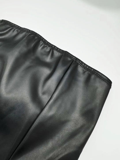 Women'S Solid Color PU Leather Strapless Bodycon Dress, Fashion Casual Dress for Party Club Dating Wear, Women Dress for All Seasons