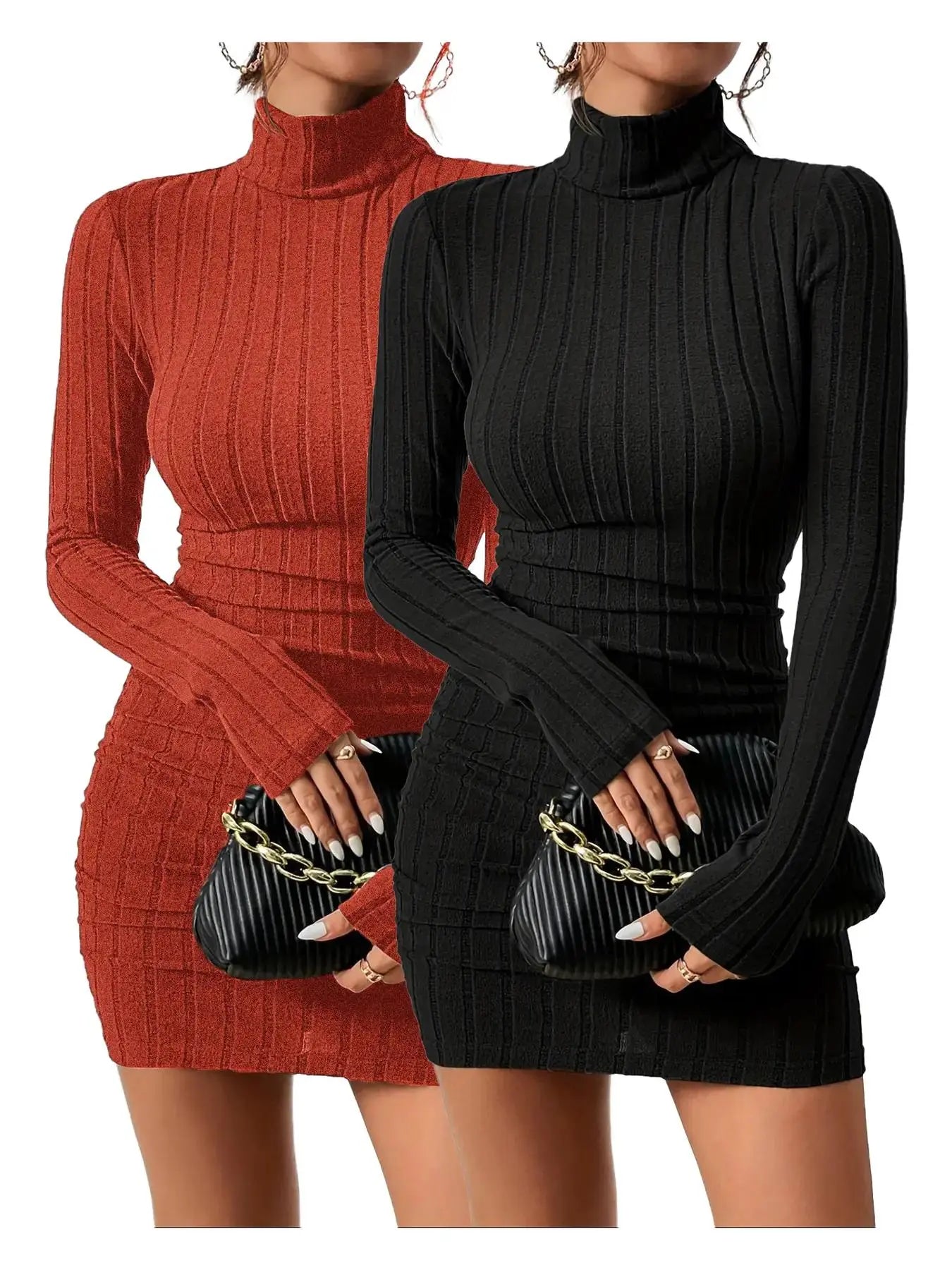 Women'S Thin Minimalist Ribbed Knit Long Sleeve Turtle Neck Bodycon Dress, Longsleeves High Neck Short Tight Dresses Basic Comfortable Lady Casual Womenswear