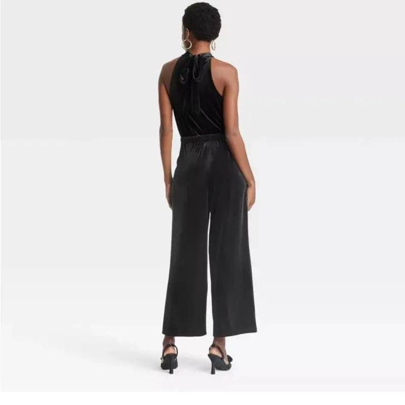 A New Day Velvet Jumpsuit - Elegant Halter Neck Design & Wide Leg Pants for Women