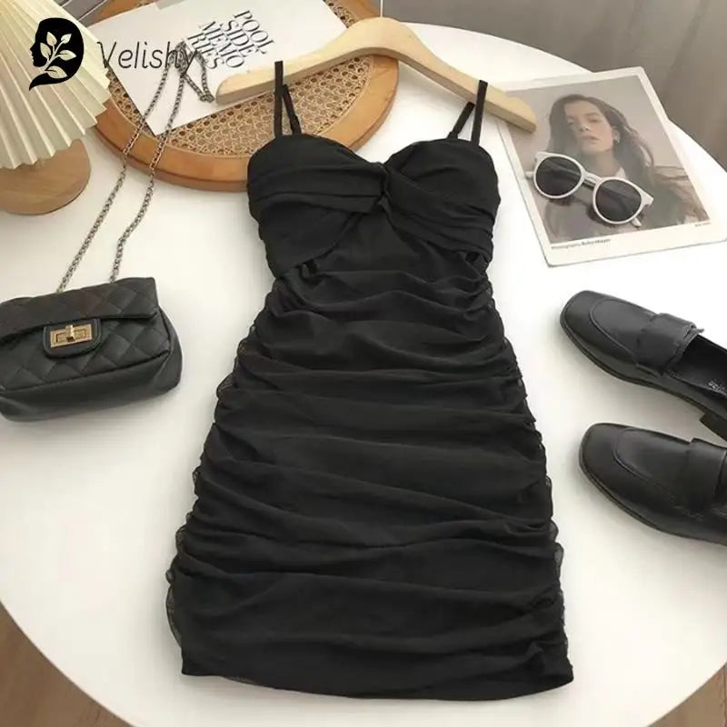 Dresses Women Sexy Club Shirring Design Summer Leisure Lady Mini Straps Dress
