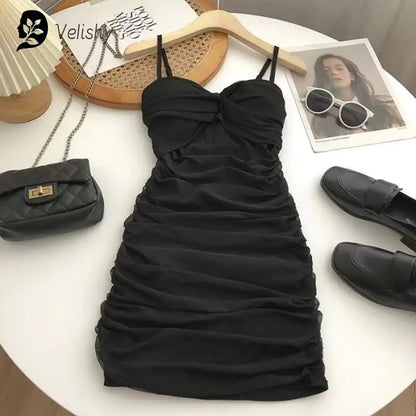 Dresses Women Sexy Club Shirring Design Summer Leisure Lady Mini Straps Dress
