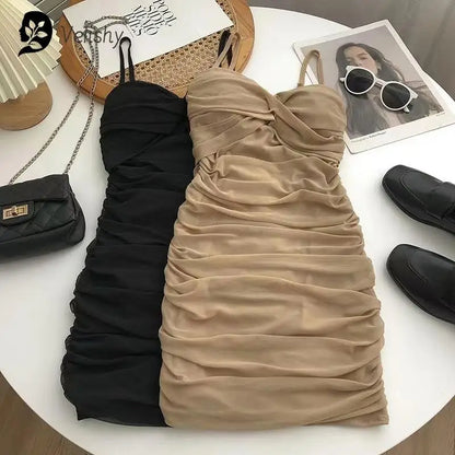 Dresses Women Sexy Club Shirring Design Summer Leisure Lady Mini Straps Dress