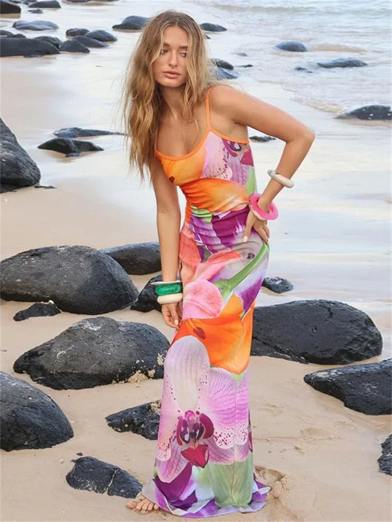 Spaghetti Strap Lily Floral Slip Dress Summer Casual Printed Maxi Dresses Backless Bodycon Slim Boho Long Sundress 2023