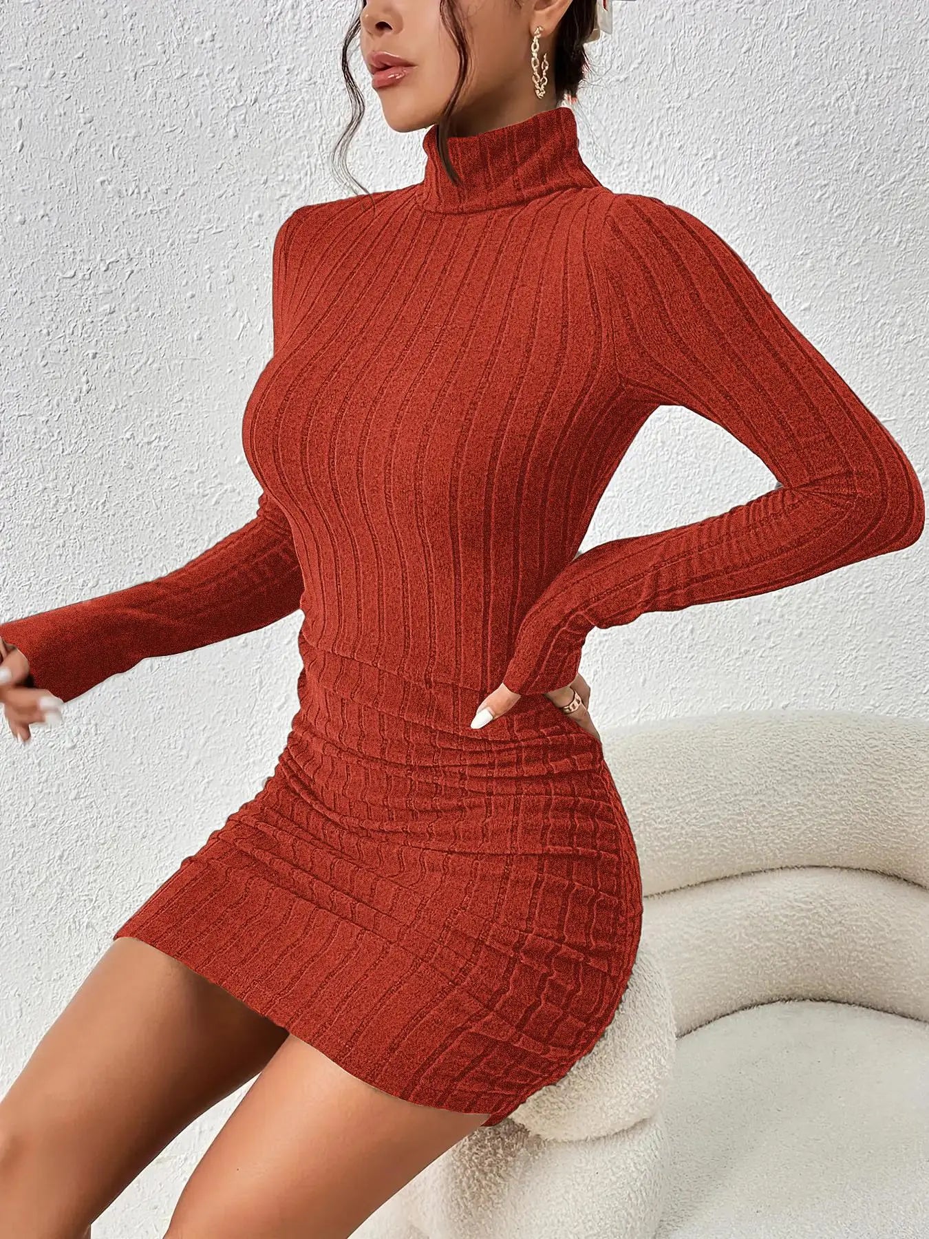 Women'S Thin Minimalist Ribbed Knit Long Sleeve Turtle Neck Bodycon Dress, Longsleeves High Neck Short Tight Dresses Basic Comfortable Lady Casual Womenswear