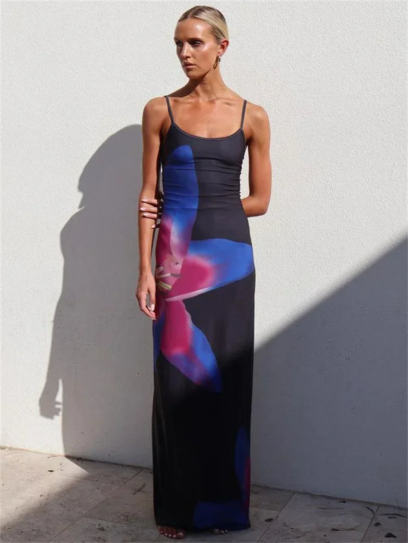 Spaghetti Strap Lily Floral Slip Dress Summer Casual Printed Maxi Dresses Backless Bodycon Slim Boho Long Sundress 2023