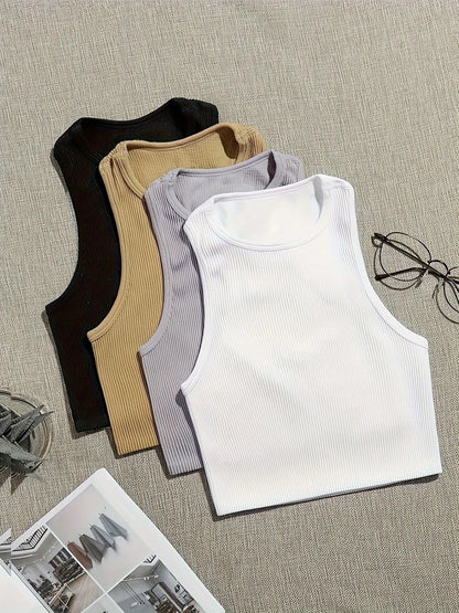 Women'S Solid Ribbed Crop Sports Tank Top, Casual Sleeveless round Neck Top for Summer, Ladies Sportswear for Indoor Outdoor Wear, Womenswear, Muscle Tank Top, Athletic Tank Top, Active Tank Top, Cropped Top