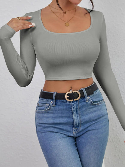 Women'S Solid Square Neck Crop Tee without Necklace, Casual Long Sleeve Cropped Top for Spring & Fall, Women'S Top for Daily Wear