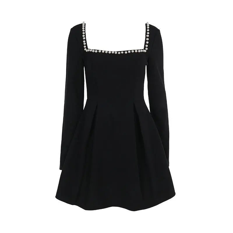 2025 New High-End Fashion Temperament Slim Solid Color Pearl Square Neck Fashion Dress Women Formal Womenswear
