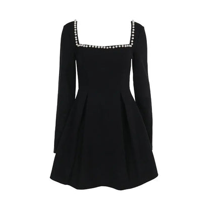 2025 New High-End Fashion Temperament Slim Solid Color Pearl Square Neck Fashion Dress Women Formal Womenswear