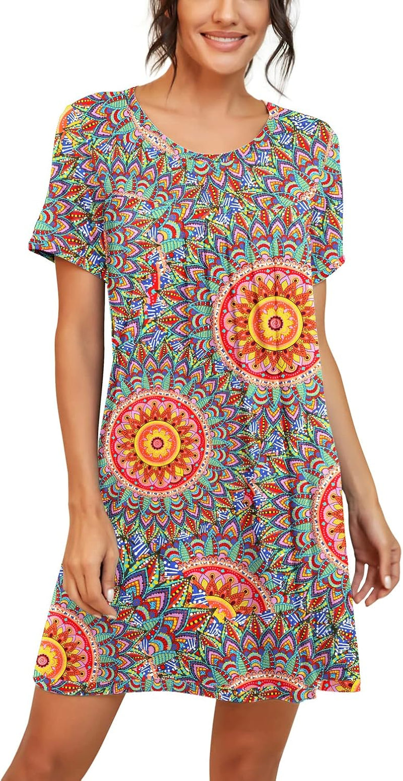 Nightgowns for Women Short Sleeve Night Gowns | Knee Length Nightgown,Pleated Sleep Shirts,Breathable and Stretchy Fabric,Soft Sleep Dress