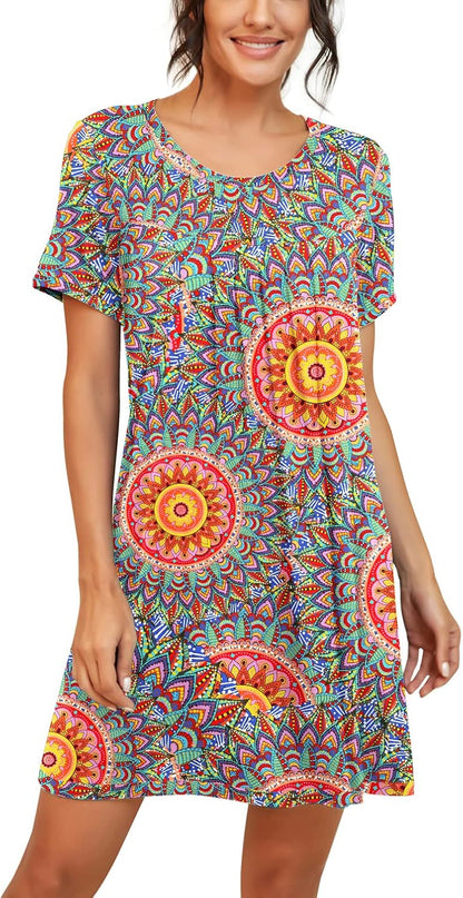 Nightgowns for Women Short Sleeve Night Gowns | Knee Length Nightgown,Pleated Sleep Shirts,Breathable and Stretchy Fabric,Soft Sleep Dress