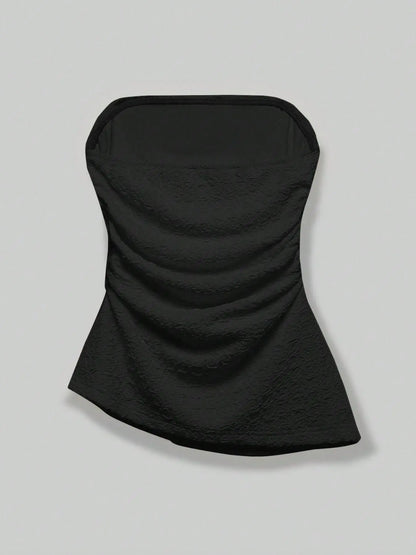 Women'S Slim Textured Ruched Asymmetrical Hem Tube Top, Casual Solid Strapless Top for Summer, Ladies Clothes for Daily Wear