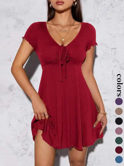 Women'S Solid Color V Neck Beach Dress, Casual Fashion Short Sleeve Dress for Summer, Women'S Clothing for Daily Wear