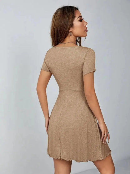 Women'S Solid Color V Neck Beach Dress, Casual Fashion Short Sleeve Dress for Summer, Women'S Clothing for Daily Wear