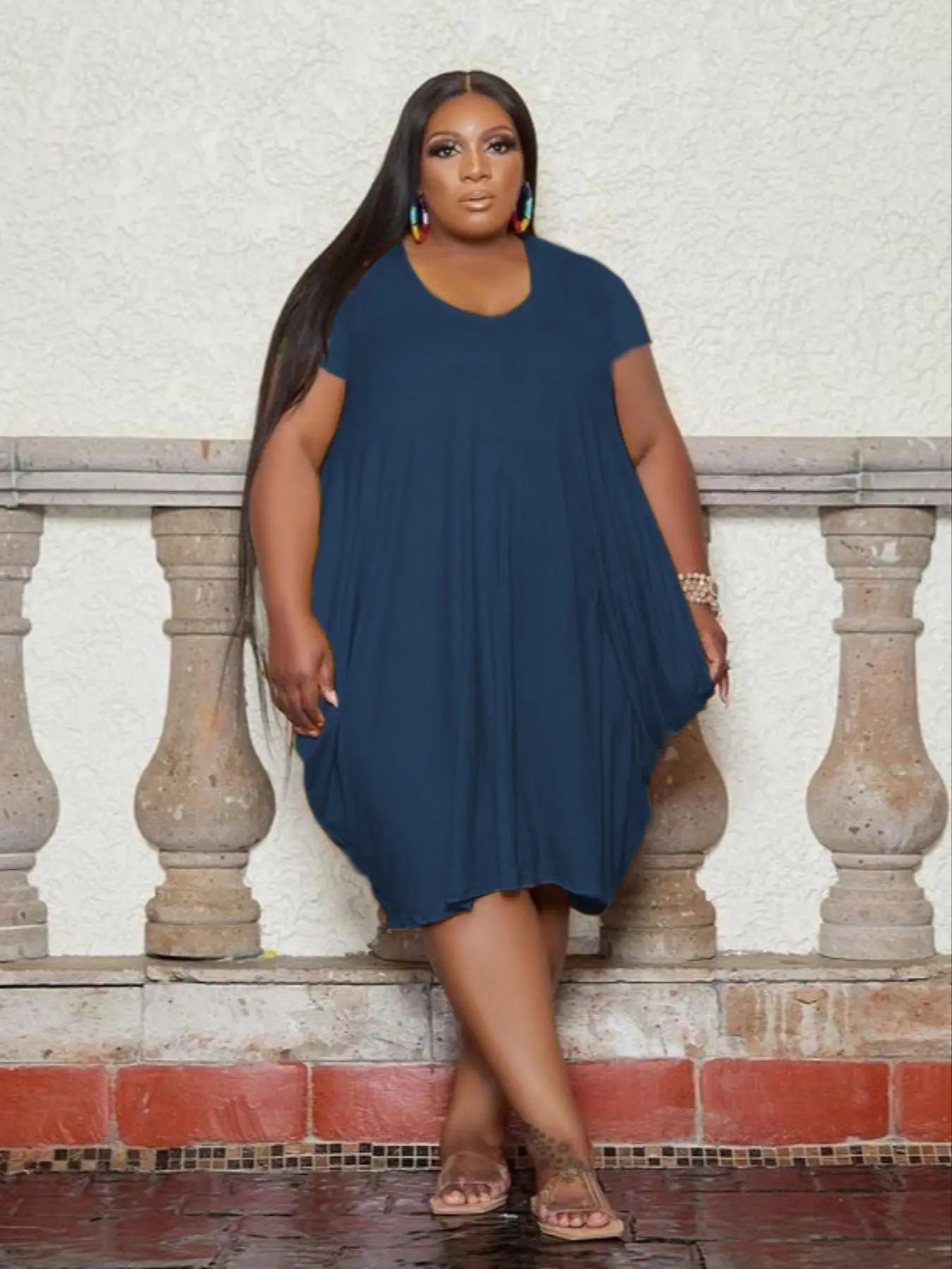 【Plus Size】 Plain Pocket Dress, Casual Short Sleeve round Neck Dress for Summer, Women'S plus Clothing for Daily Wear
