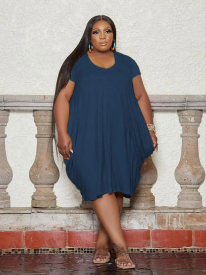 【Plus Size】 Plain Pocket Dress, Casual Short Sleeve round Neck Dress for Summer, Women'S plus Clothing for Daily Wear