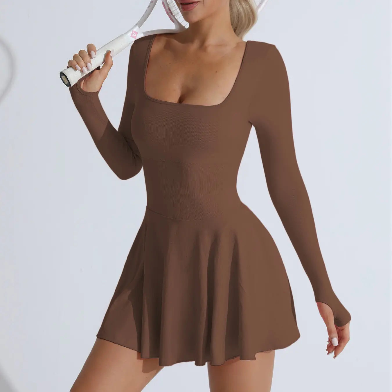 Betto Women'S Solid Criss Cross Backless Sports Dress, Sporty Scoop Neck Long Sleeve Tennis Dress, Ladies Sporswear for Indoor Outdoor Wear