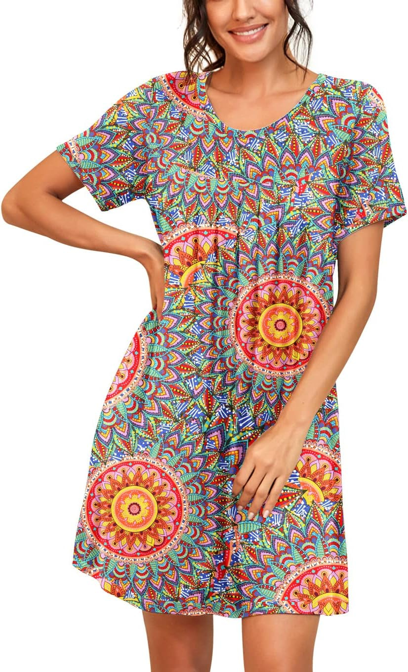 Nightgowns for Women Short Sleeve Night Gowns | Knee Length Nightgown,Pleated Sleep Shirts,Breathable and Stretchy Fabric,Soft Sleep Dress