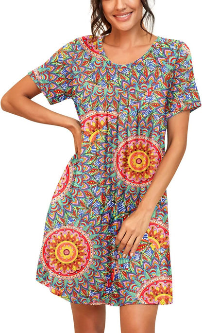 Nightgowns for Women Short Sleeve Night Gowns | Knee Length Nightgown,Pleated Sleep Shirts,Breathable and Stretchy Fabric,Soft Sleep Dress