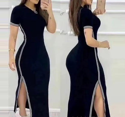 Womens Dresses 2023 Summer Fashion Striped High Slit Casual O-Neck Short Sleeve Daily Skinny Maxi a Line Dress Woman Clothing