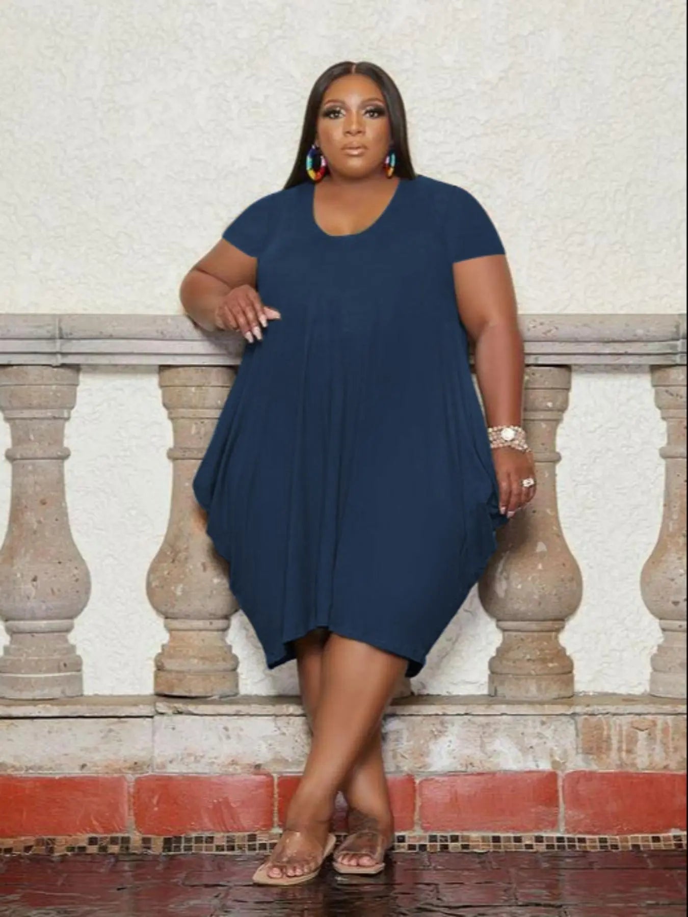 【Plus Size】 Plain Pocket Dress, Casual Short Sleeve round Neck Dress for Summer, Women'S plus Clothing for Daily Wear