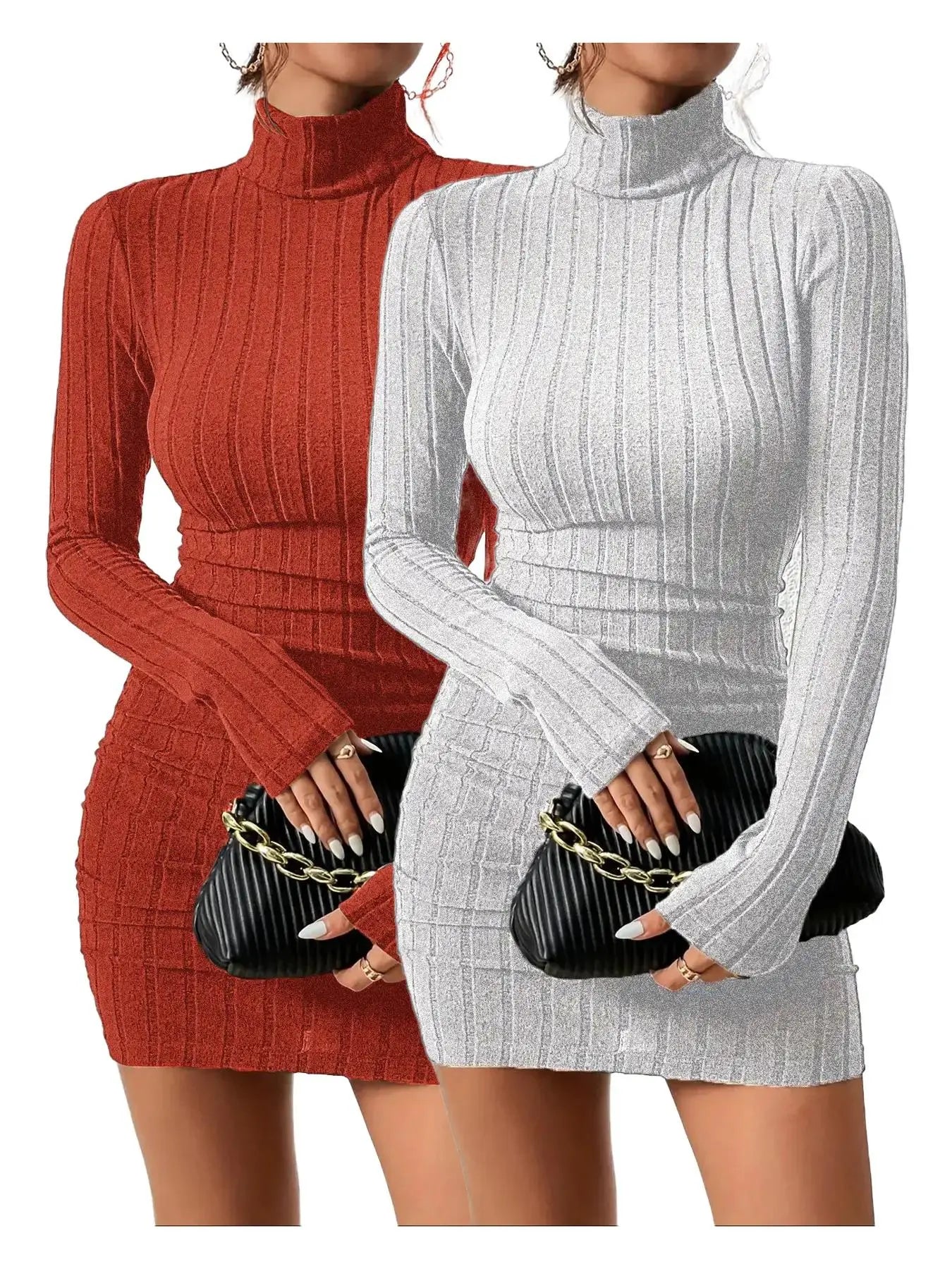Women'S Thin Minimalist Ribbed Knit Long Sleeve Turtle Neck Bodycon Dress, Longsleeves High Neck Short Tight Dresses Basic Comfortable Lady Casual Womenswear